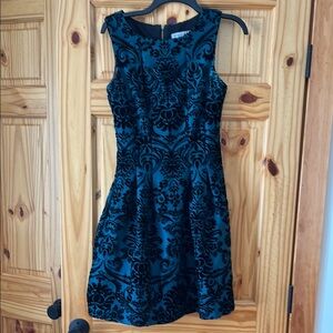 Danny & Nicole Black and Green Fit and Flare Mini Dress with V-neck for Cocktail